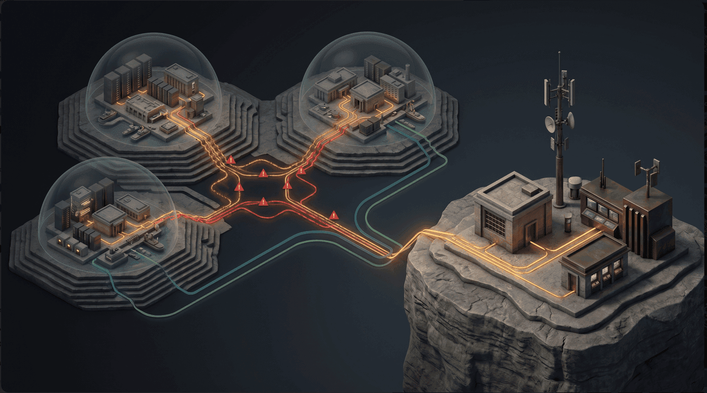 Isometric illustration: three domed city-states linked by glowing data cables that pass through red warning markers where the routes cross, with a separate cliff-top listening station wired into the same network.