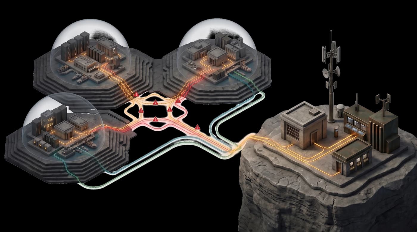 Isometric illustration: three domed city-states linked by glowing data cables that pass through red warning markers where the routes cross, with a separate cliff-top listening station, antenna mast and dish array wired into the same network.