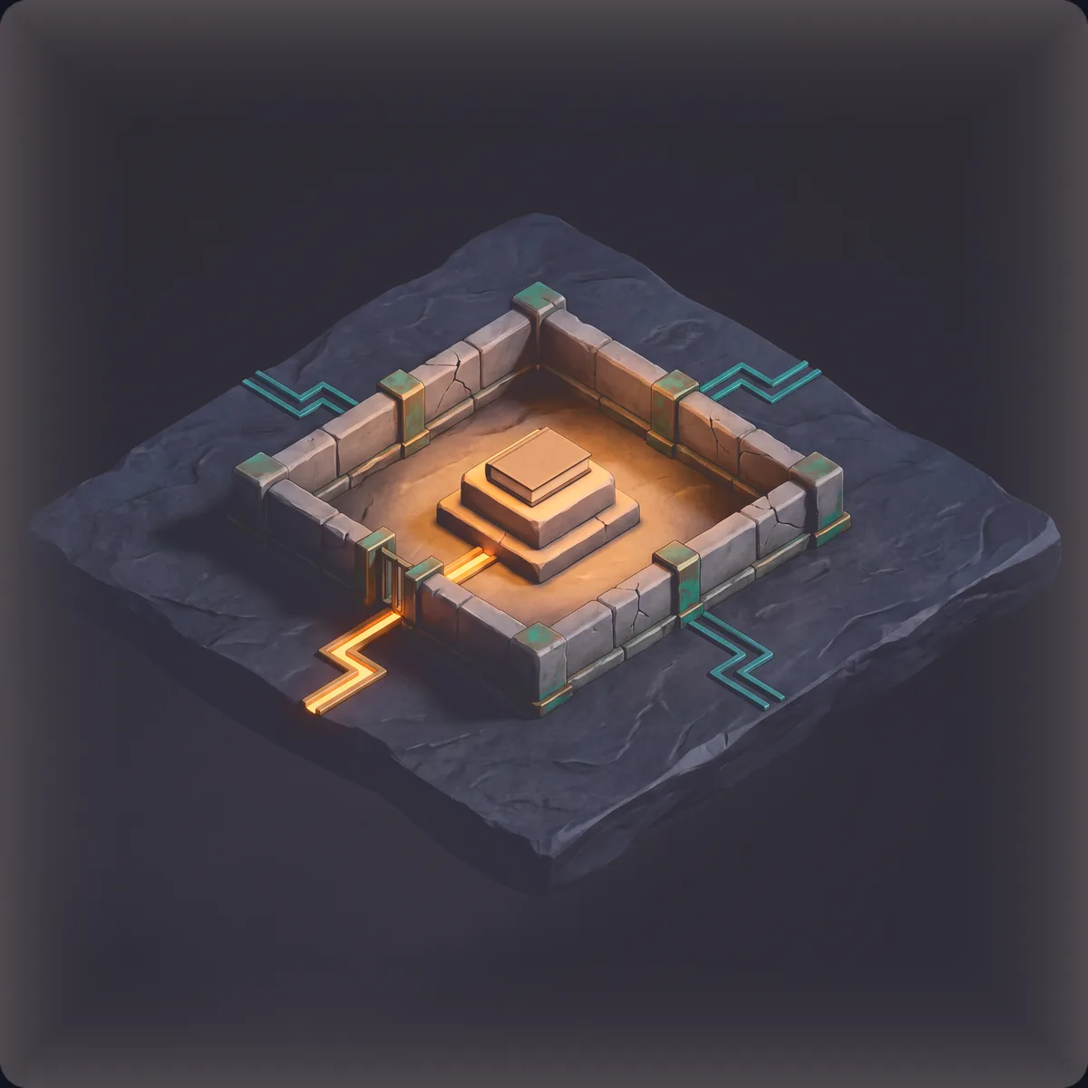 An isometric walled stone enclosure on a slate slab, a lit stepped plinth at its centre, with an amber path leading in through one gate and teal circuit lines running out