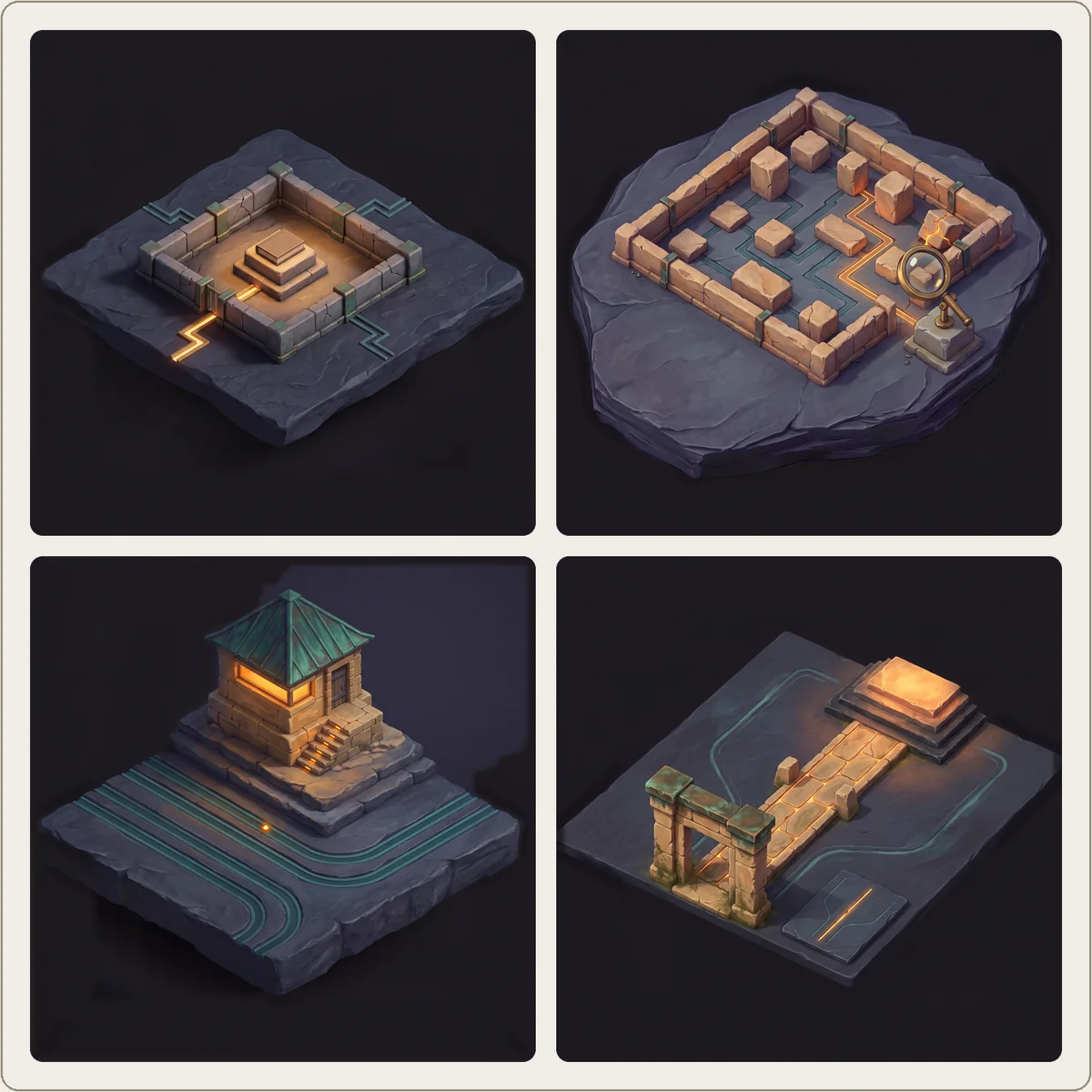Four isometric stone dioramas in a grid, one for each engagement: a walled enclosure with a lit plinth, a yard of stone blocks under a lens, a watch-house above curving lanes, and a gateway with one built causeway