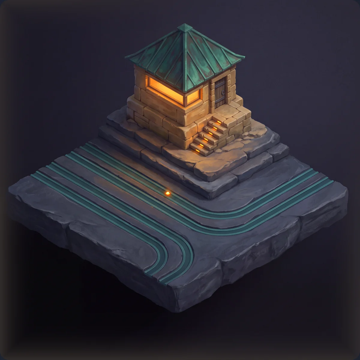 An isometric sandstone watch-house with a verdigris roof on a stepped slate headland, its wide window glowing amber and an amber-lit stair to its door; below, four teal lanes curve past across the slab like shipping lanes seen from above, one small amber marker on the nearest