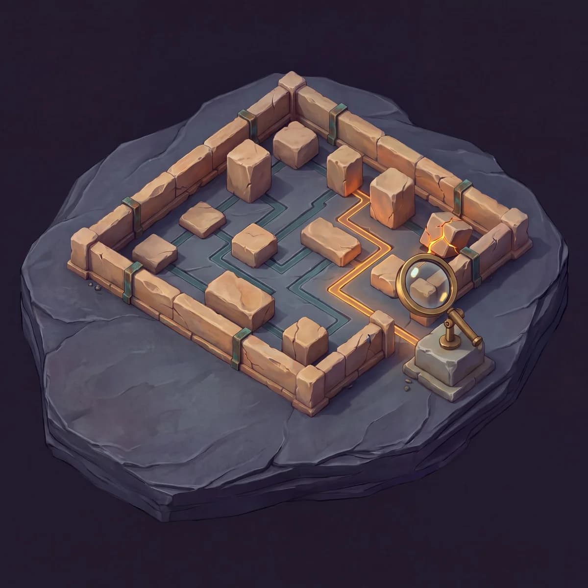 An isometric walled sandstone yard on a slate slab, stone blocks laid out like components with teal traces between them; one amber trace runs through the grid to a single cracked block glowing from within, past a brass lens on a stand at the gate