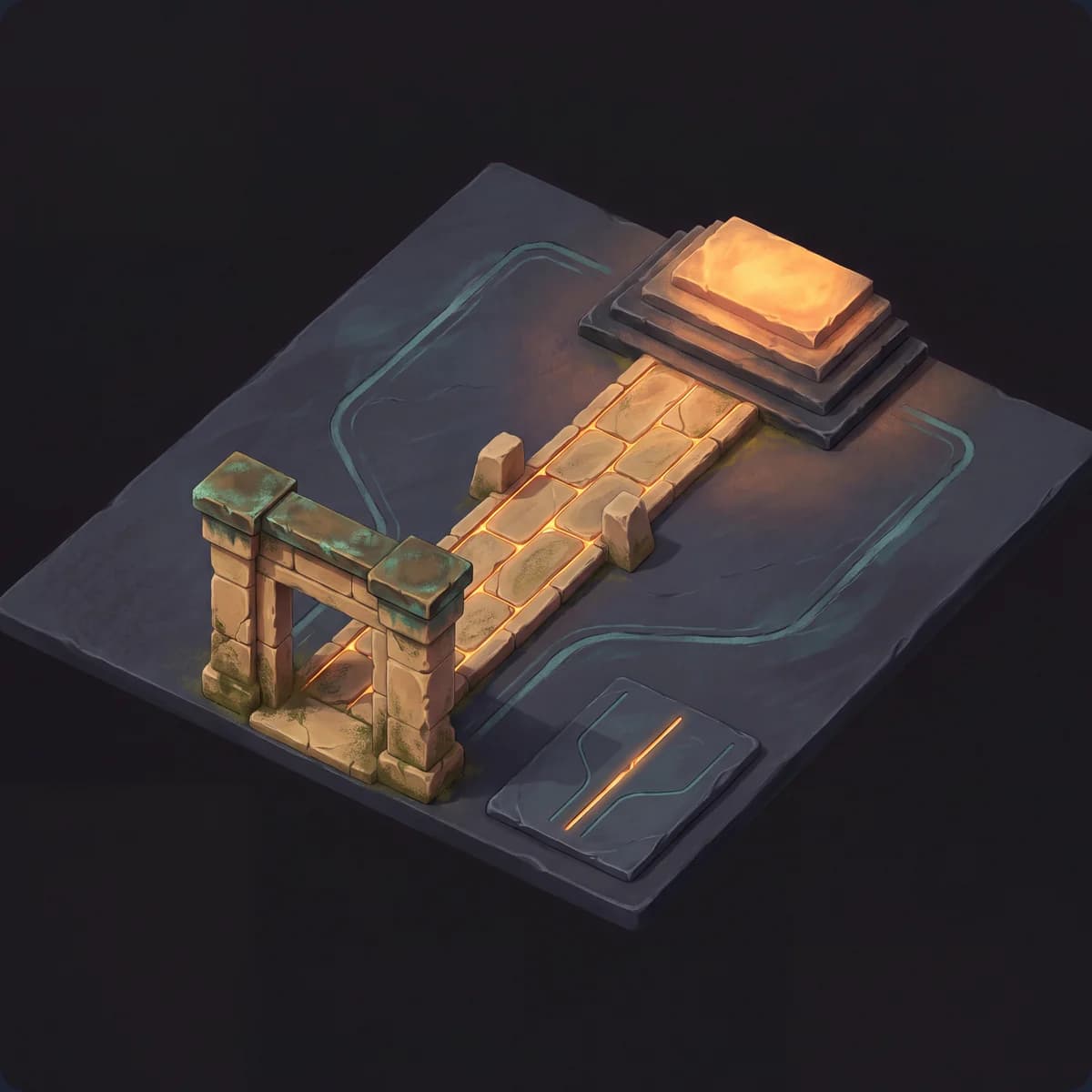 An isometric sandstone gateway with verdigris caps on a slate slab; three routes leave it toward a raised stepped plinth lit amber, two drawn only as faint teal traces and the centre one built as a stone causeway with amber-lit joints, with a slate tablet beside the gate scored with the same three lines