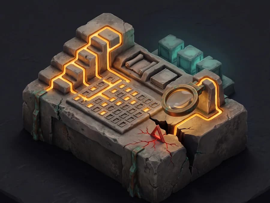 An isometric stone slab carved with a keyboard, a scroll and a ledger, a glowing circuit running up to a lens held over a crack in the rock, and a row of teal server blocks behind