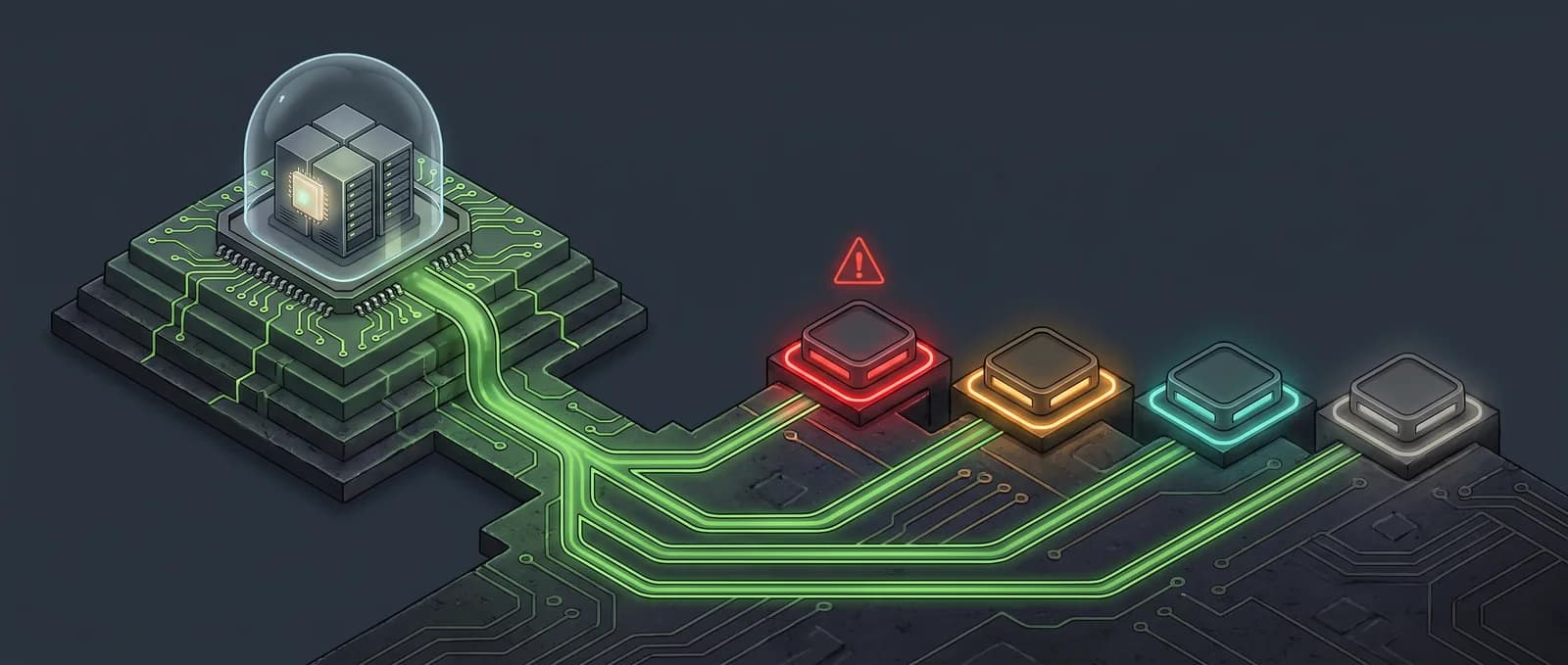 Isometric illustration: circuit traces run from a server rack out to four graded tiers — red and flagged with a warning symbol, amber, teal, then unlit grey — echoing the EU AI Act risk classes from prohibited down to minimal.