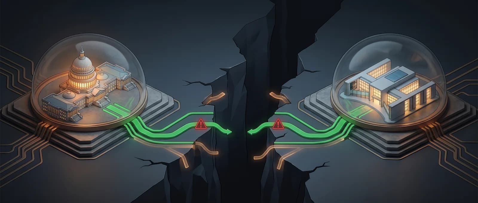 Isometric illustration: the US Capitol and a European institutional building sit on opposite sides of a deep rift, their green policy routes reaching the edge and stopping at red warning symbols rather than meeting.