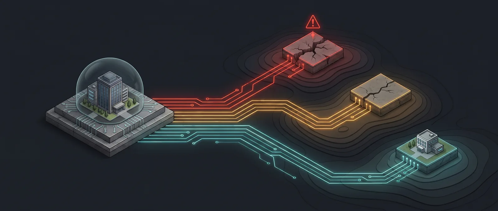 Isometric illustration: three coloured paths leave one office tower for three different futures — a fractured red plateau under a warning symbol, a cracked sandstone block, and intact teal ground carrying a smaller building.