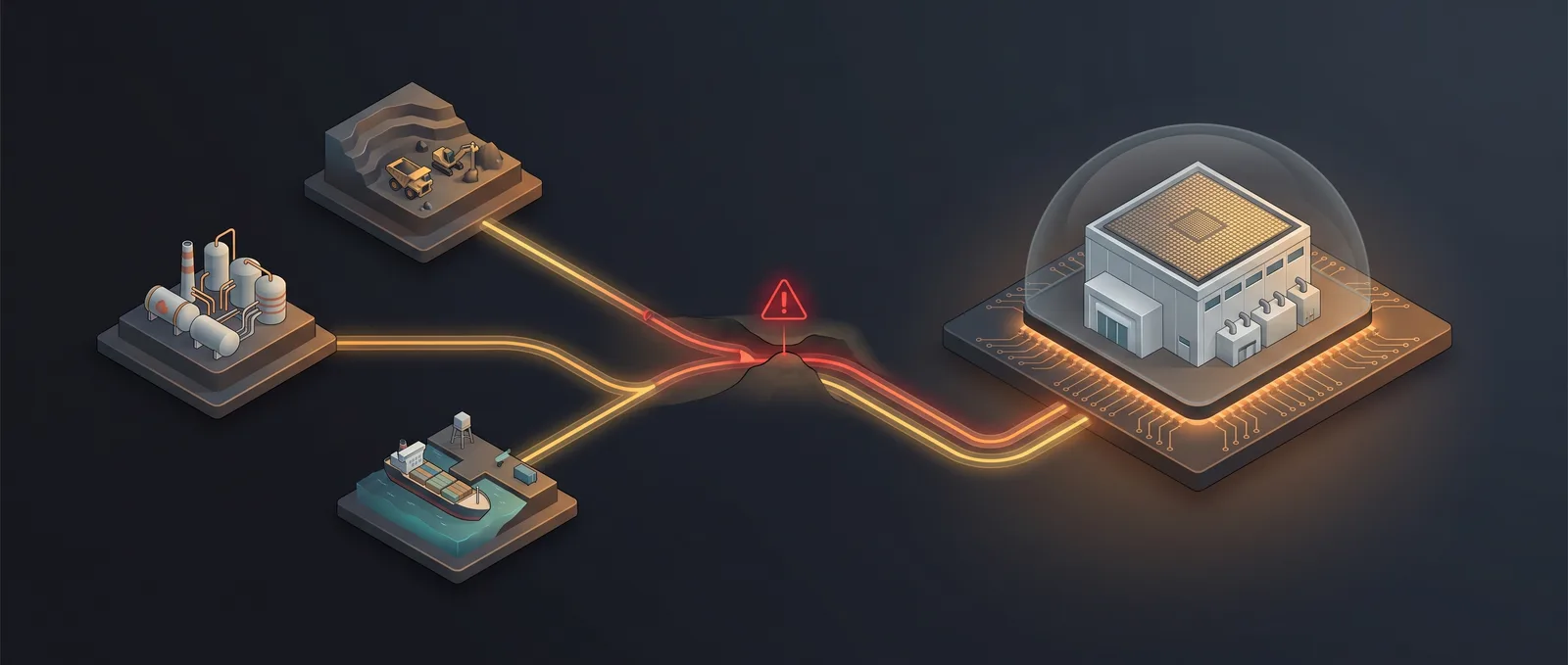 Isometric illustration: supply routes from a mine, a chemical plant and a container port converge on a single mountain pass marked with a red warning symbol, then continue to a semiconductor fabrication plant.